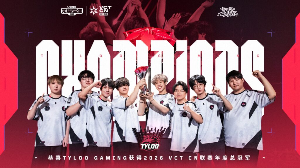 Image of the Chinese VALORANT team TYLOO, depicting them as VCT 2026 China Stage 2 champions.