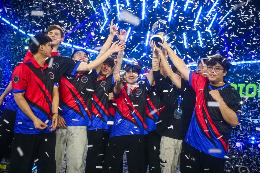 Photo of VALORANT team Global Esports celebrating on stage after winning the VCT Pacific Stage 2 Grand Final.